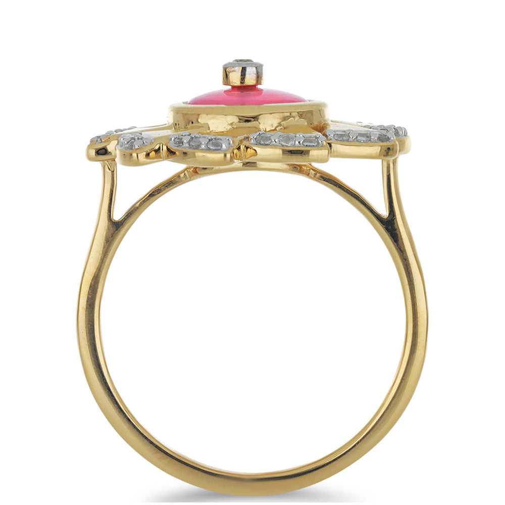 Pozlacené Stříbro 925/1000 - Prsten s Růžovým Opálem z Lega Dembi a Bílým Topazem - Karátové číslo: 1.01. přibližná hmotnost: 5.53 gramů 2 