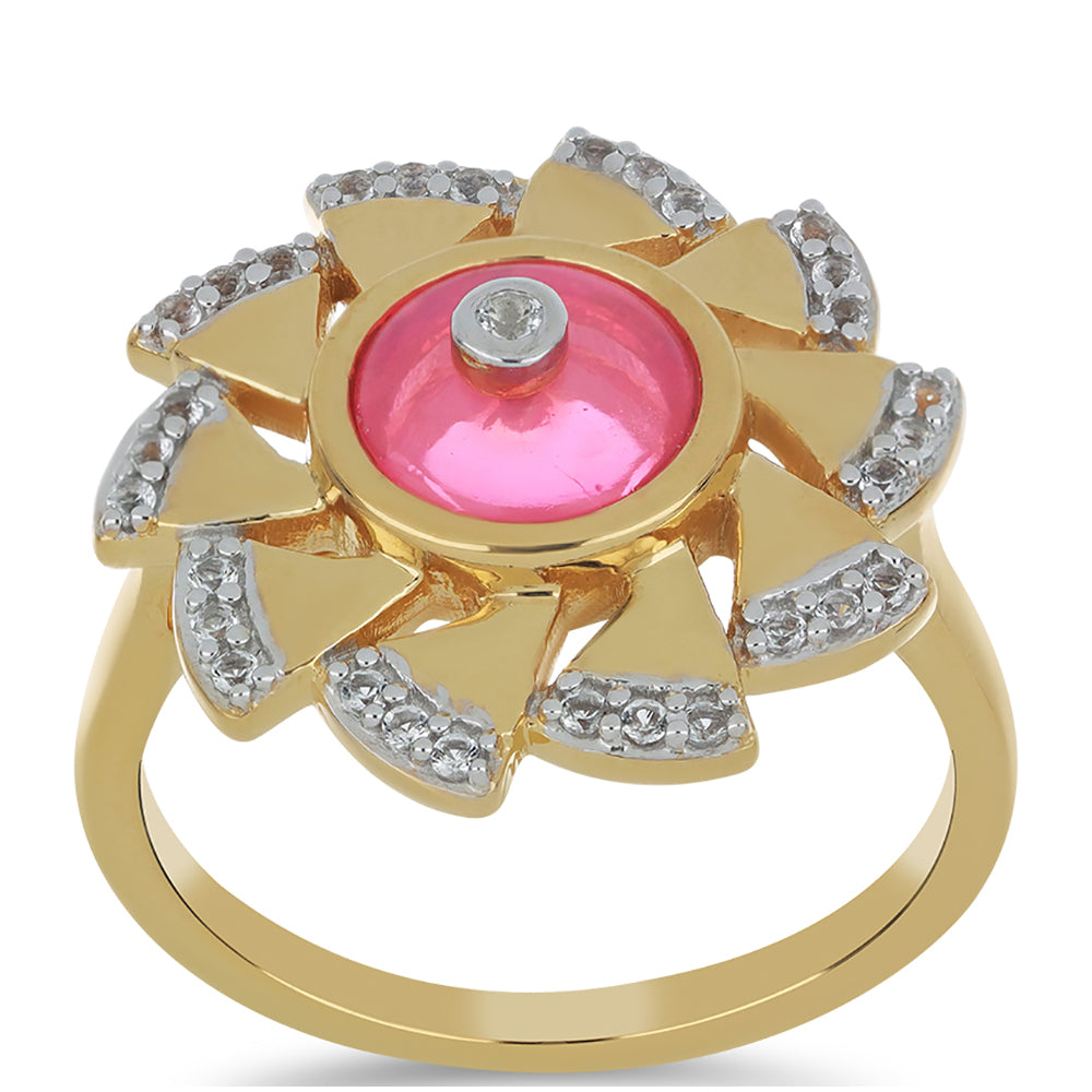 Pozlacené Stříbro 925/1000 - Prsten s Růžovým Opálem z Lega Dembi a Bílým Topazem - Karátové číslo: 1.01. přibližná hmotnost: 5.53 gramů 3 