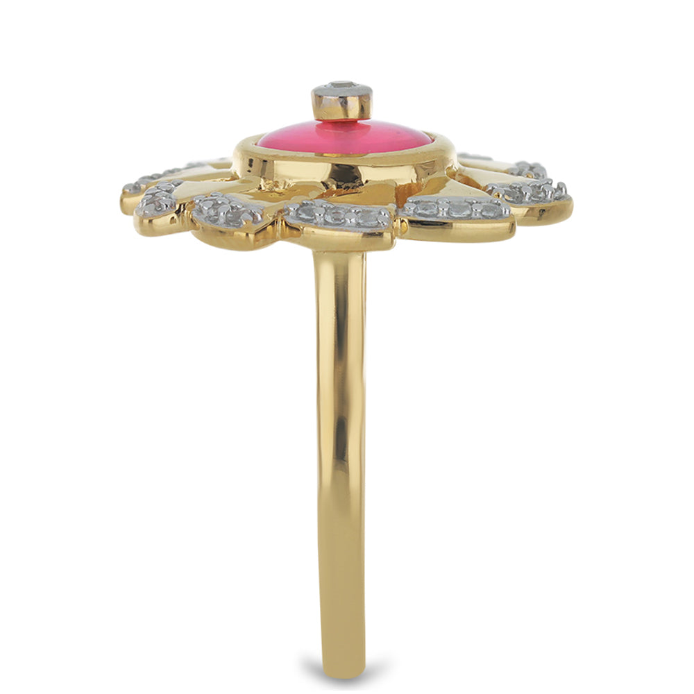 Pozlacené Stříbro 925/1000 - Prsten s Růžovým Opálem z Lega Dembi a Bílým Topazem - Karátové číslo: 1.01. přibližná hmotnost: 5.53 gramů