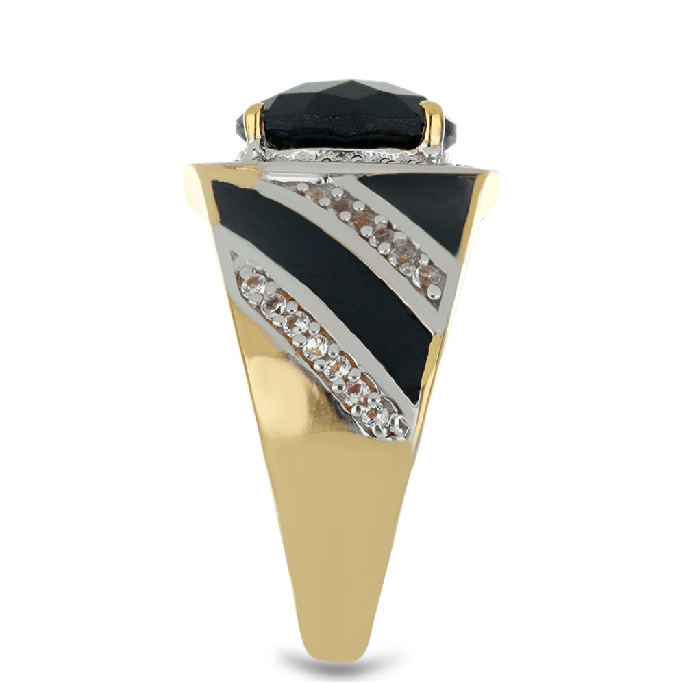 Pozlacený Stříbrný Prsten s Černým Onyxem a Bílým Topazem