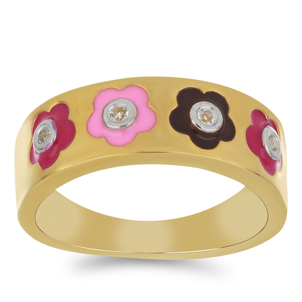 Pozlacené Stříbro 925/1000 - Prsten se Smaltem a Bílým Topazem - Karátové číslo: 0.07. přibližná hmotnost: 5.19 gramů