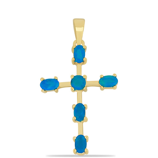 Kříž Pozlacený Stříbrný Přívěsek s etiopským Paraiba modrým opálem