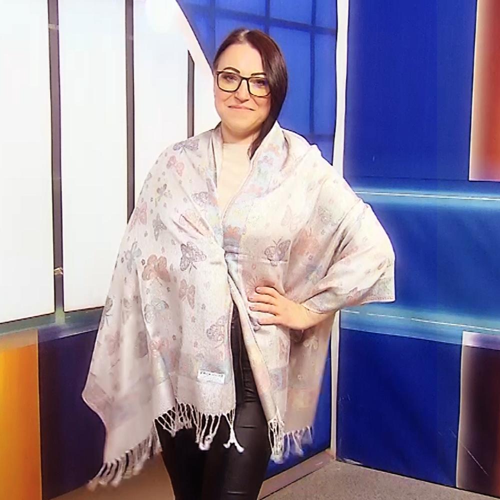 Šála-šátek ze 100% Pravého Pashmina Kašmíru, 70 cm x 170 cm, Lesklá bílá s motýlím vzorem 2 