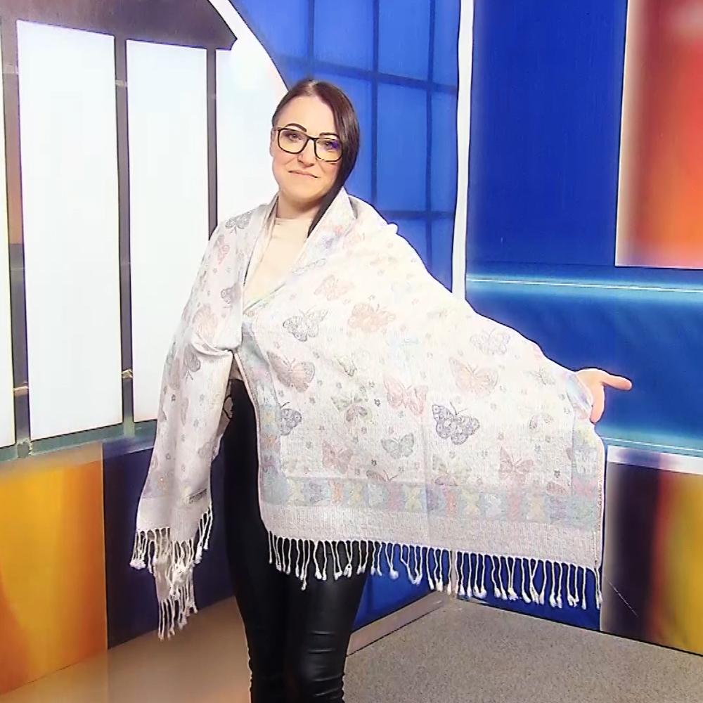 Šála-šátek ze 100% Pravého Pashmina Kašmíru, 70 cm x 170 cm, Lesklá bílá s motýlím vzorem 3 